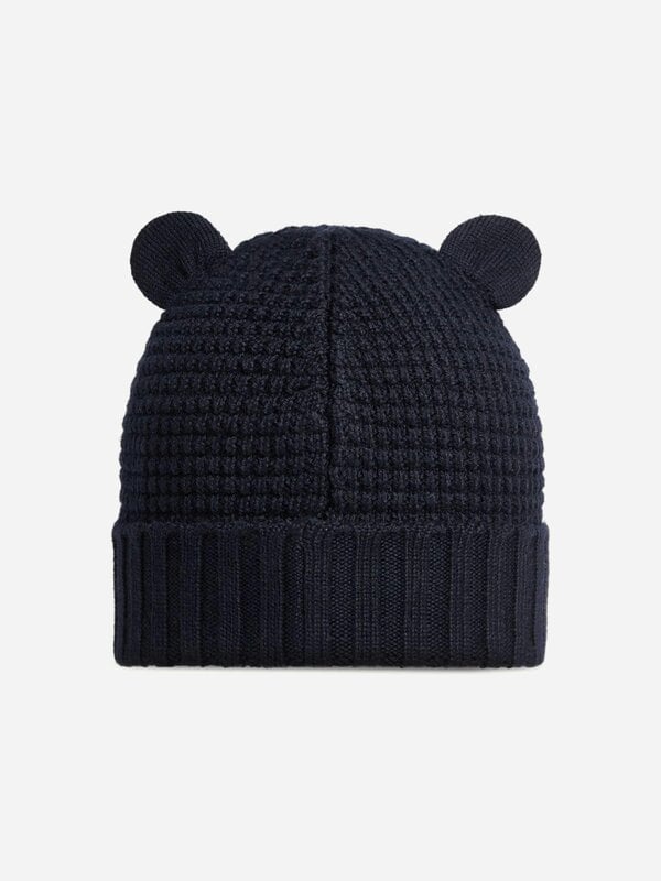Moncler Enfant Baby Wool Beanie Hat with Ears in Navy