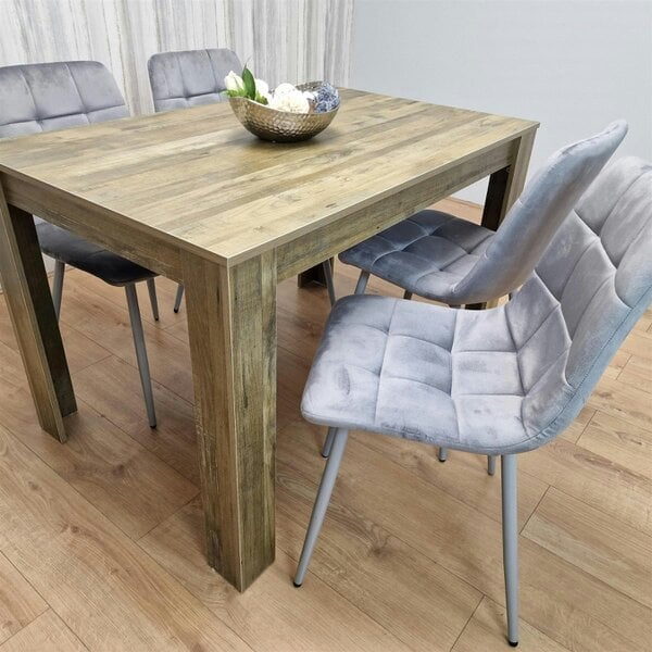 Kosy Koala Dining Table and 4 Chairs Rustic Effect Wood Table 4 Grey Velvet Chairs Dining Room