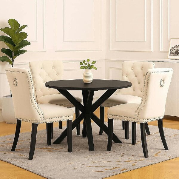 Neo Set of Four Studded Natural Velvet Dining Chairs with Ring Knocker Detail