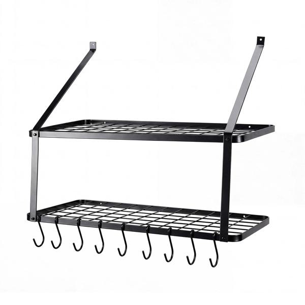 TOQUE Pot Pan Rack Wall Mounted Kitchen Shelf 2 Tier Storage Rack Metal 10 Hooks