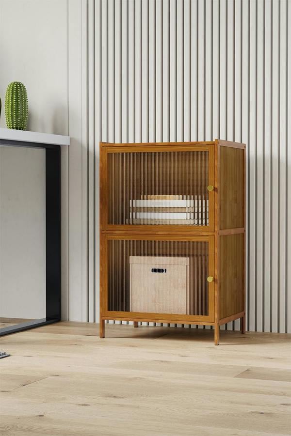 Living and Home Versatile 2-Tier Bamboo Storage Cabinet Bookcase Bookshelf Storage Rack w/ Doors