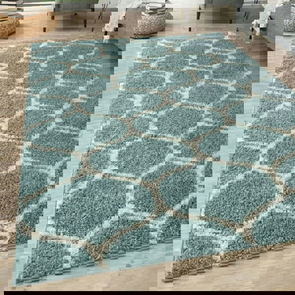 Trellis Design Thick Shaggy Area Rugs Duck Egg Blue