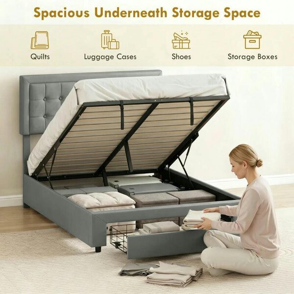 PU Leather King Size Ottoman Bed Frame, with Front Drawer - Grey