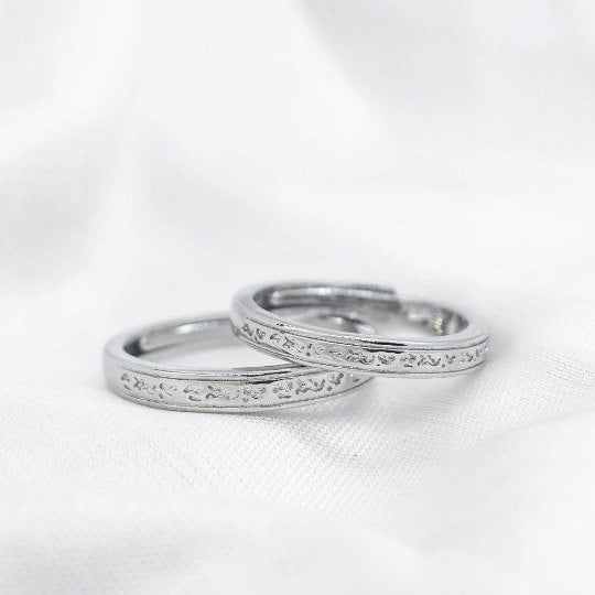 The Colourful Aura Adjustable Silver Engraved Couple Promise Ring Set