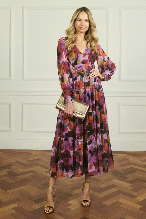 Pink | Floral Long Sleeve Ruched Maxi Dress : Model is 5'10"/178 cm and wears UK10/EU38/US6/AUS10