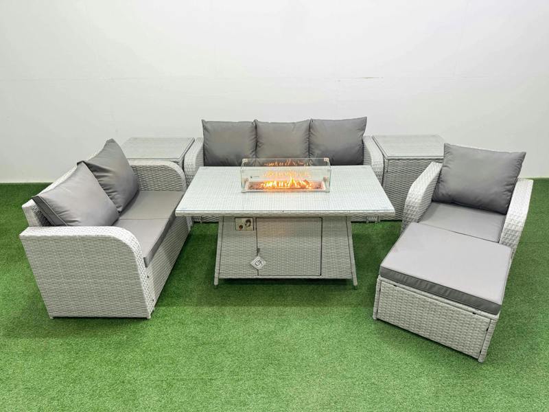 Fimous 7 Seater PE Wicker Rattan Garden Furniture Set, Firepit Table, Reclining Chair, Loveseat, 3 Seater Sofa, Footstool, 2 Side Tables, Light Grey