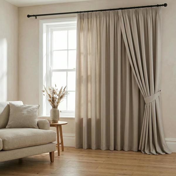 Devonshire made-to-measure curtains in Stone, styled in a living room
