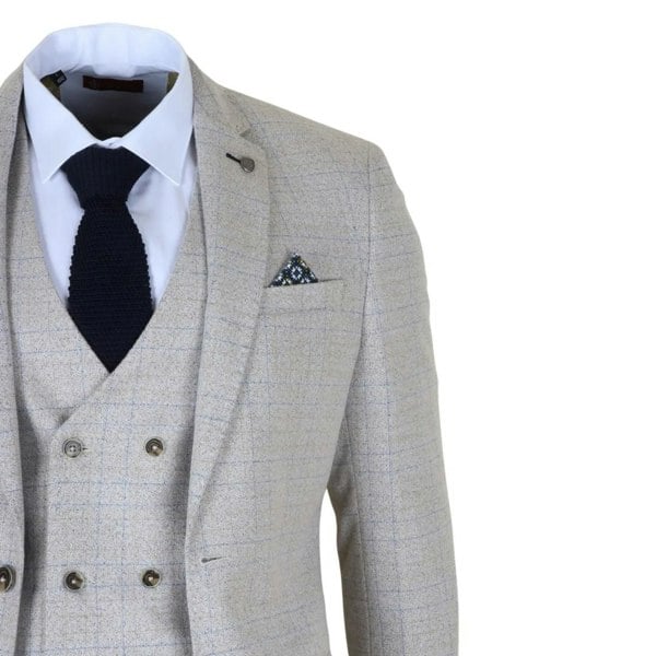 Robert Simon Luis - Men's Cream Plaid Check Slim Fit 3 Piece Suit