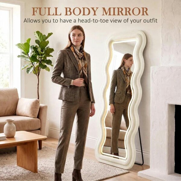 Full Length Mirror, 160 x 60 cm Wavy Full Body Wall Standing Mirror with Velvet Frame and LED Light Strip, Cream White