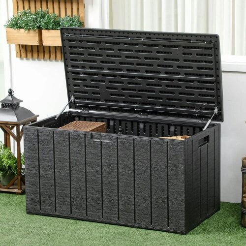 Bobobiy 336 Litre Garden Storage Box, Water-resistant Heavy Duty Double Wall Plastic Container, Deck Cushion Chest with Wheels and Handles, Black