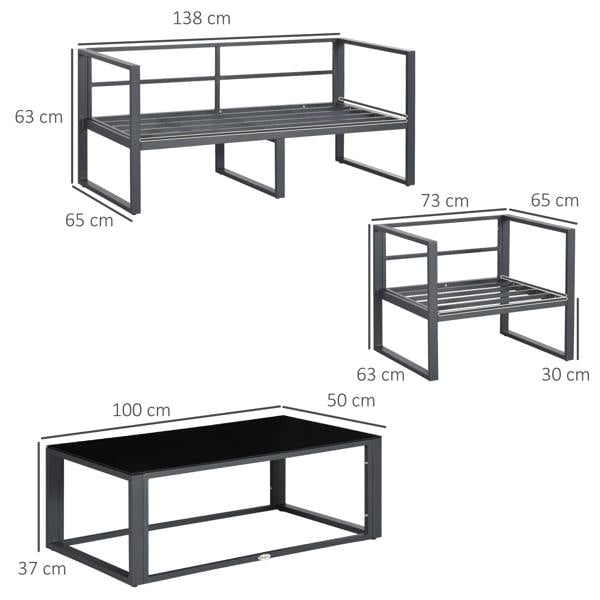 Wyld Haus Luro 4 Seater Grey Garden Sofa Set with 2 Armchairs 1 Sofa and 1 Coffee Table Aluminium Frame