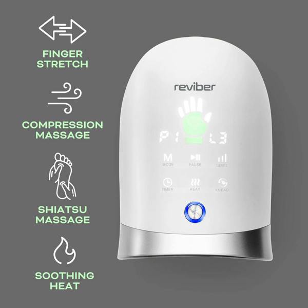 Reviber Hand Spa Massager with Heat & Finger Stretch by Reviber shown on a gray background, featuring an illuminated display. On the left, green icons and text highlight its features: finger stretch, air compression massage, shiatsu massage, and soothing heat.