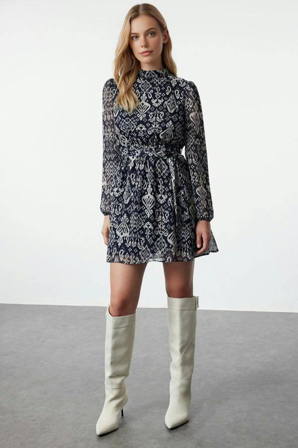 WOVCOR Chiffon Mini Woven Dress with Belted Flounce Skirt