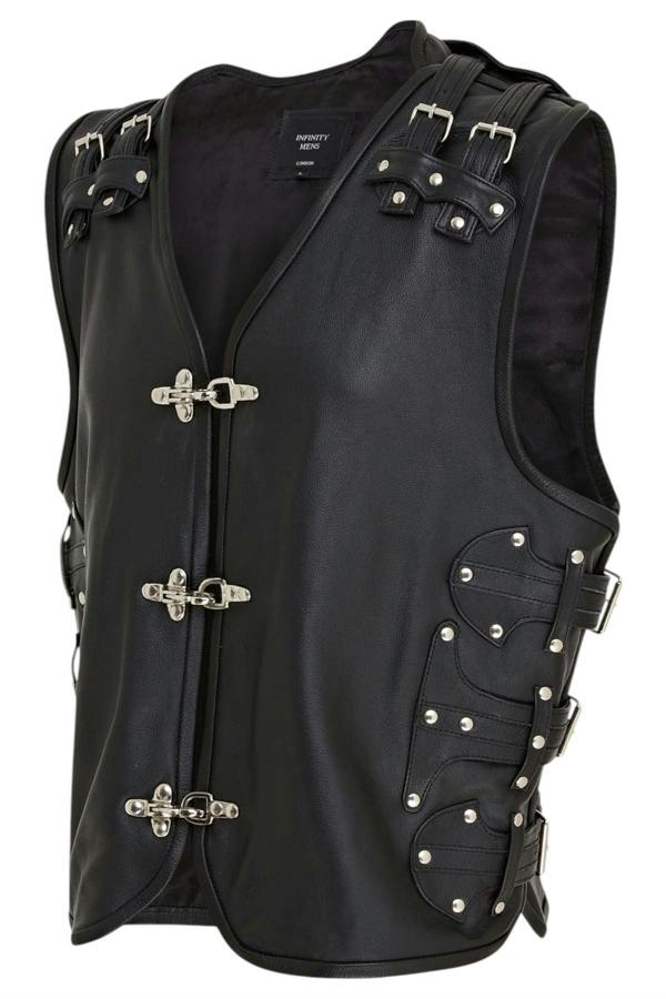 Infinity Leather Men’s Black Biker Leather Waistcoat Metal Buckles Vest - Coolgardie