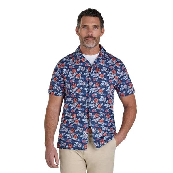Raging Bull Mens Hawaii Floral Poplin Short-Sleeved Shirt - Navy - 