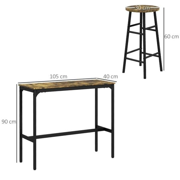 Rustic brown bar table and four stools with industrial black frames, size dimensions