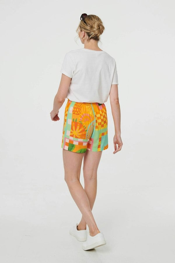 Orange | Patchwork Print Tie Waist Relaxed Shorts
