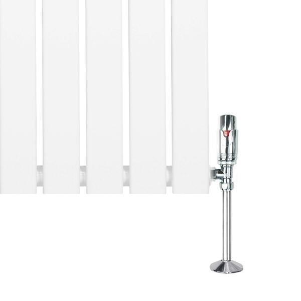 Flat single column radiator in white, 1600mm x 280mm, featuring sleek vertical panels and a chrome valve for modern heating solutions