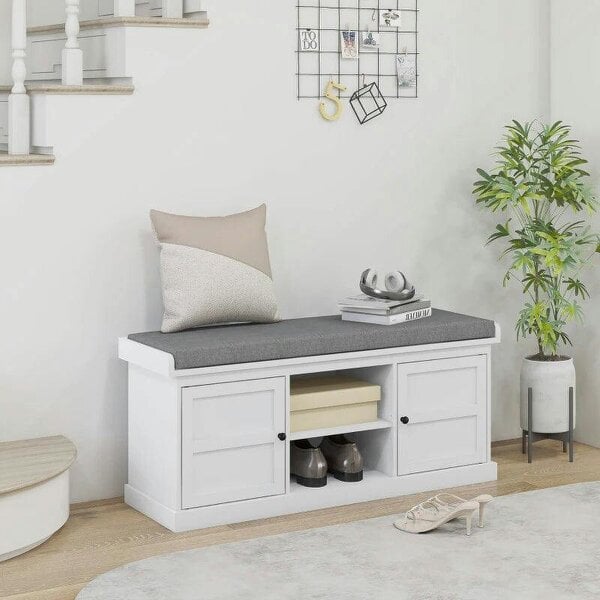 Multi-Compartment Shoe Storage Bench, with Top Cushion - White/Grey - White