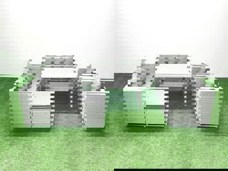 Fimous Rattan Garden Furniture Set Outdoor 8 Seater Patio Dinin g Sofa Sets with Dining Table 2 Chairs Big Footstool Light Grey Mixed