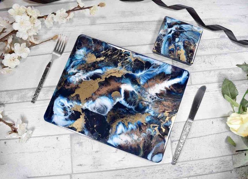 Kate Chesters Art Blue Gold Bronze Resin Art Placemats and Coasters Set - Heat Tolerant