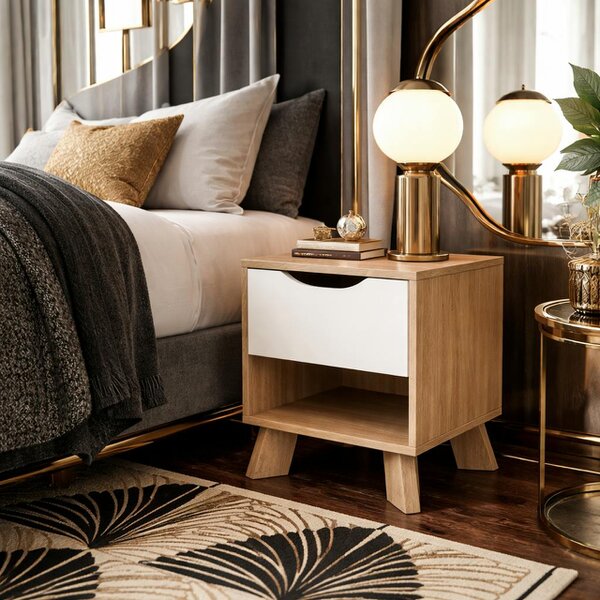 Wyld Haus Hobro White and Natural Oak Wood Nightstand 1 Drawer