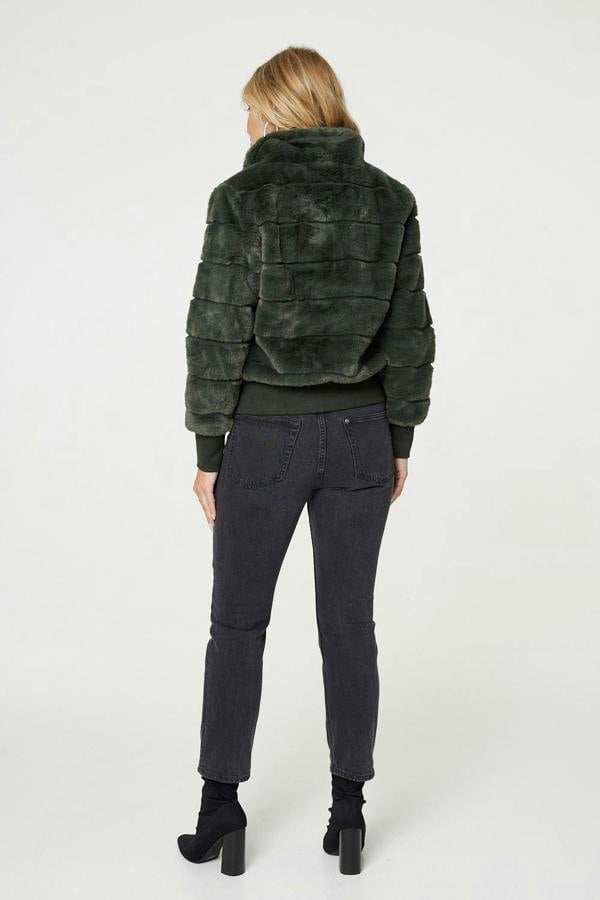 Khaki | Faux Fur Zip Front Jacket