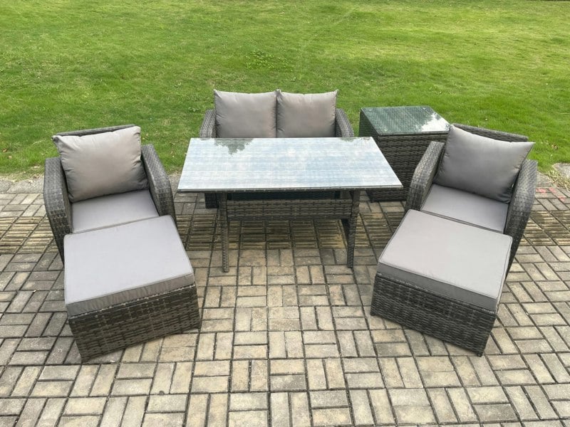 Fimous Rattan Outdoor Garden Furniture Set Rectangular Dining Table and Chair Sofa Set With Side Table 2 Big Footstool Dark Grey Mixed
