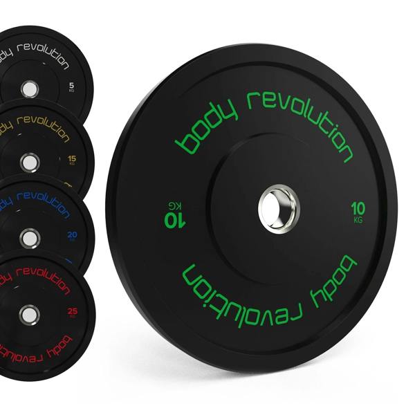 Body Revolution Olympic black bumper plates in various weights, featuring vibrant colored accents and a durable rubber texture