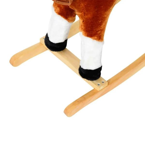 Brown plush rocking horse with wooden rocker base and black-and-white hoof covers