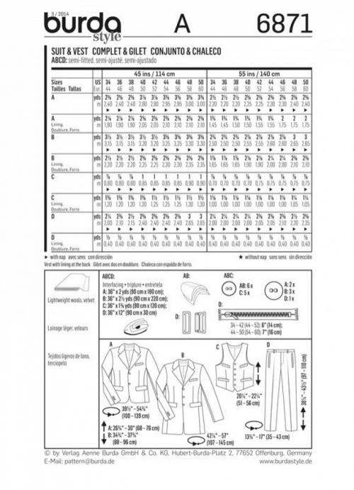 Burda Sewing Pattern 6871 Waistcoats, Jackets, Trousers and Suits For Men, 34-36-38-40-42-44-46-48-50 - Advanced