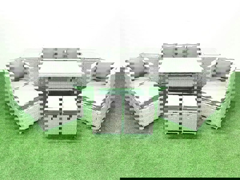 Fimous Rattan Garden Furniture Set Outdoor 9 Seater Patio Dining Sets with Glass Top Dining Table and 2 Side Tables Light Grey Mixed