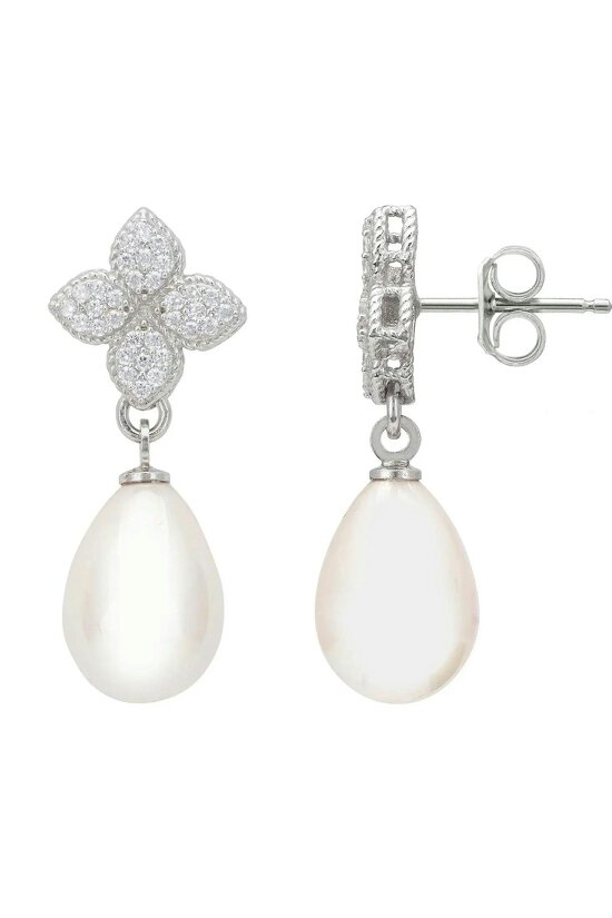 Latelita Clover Flower Pearl Drop Cz Earrings Silver