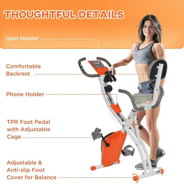 Exercise bike with backrest, tablet holder, phone holder, and adjustable anti-slip pedals