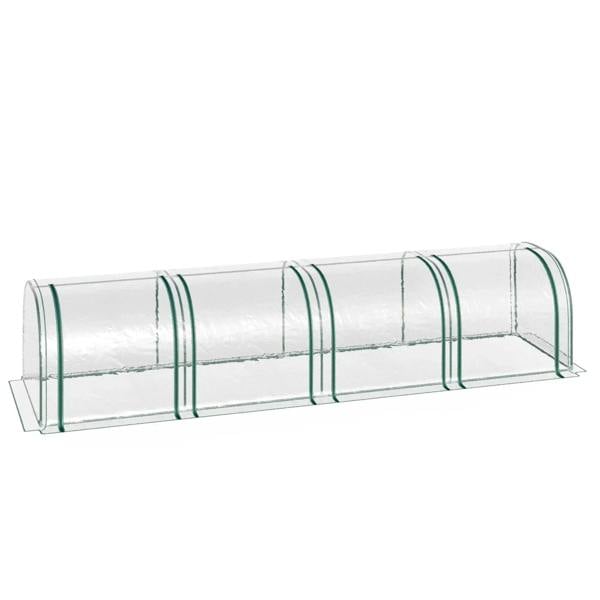 Clear PVC tunnel greenhouse with green arched steel frame, low profile and open ends
