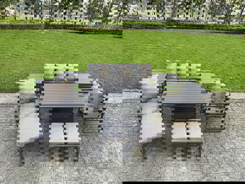 Fimous 8 Seater Aluminium Garden Furniture Set with Adjustable Rising Dining Table, 2 Chairs, 3 Footstools, 2 Side Tables - Grey