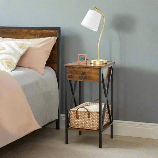 Modcraft Tall Nightstand with Drawer & Shelf – Rustic Brown & Black Industrial Bedside Table