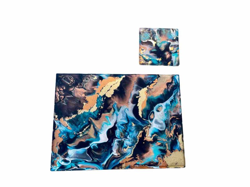 Kate Chesters Art Blue Gold Bronze Resin Art Placemats and Coasters Set - Heat Tolerant