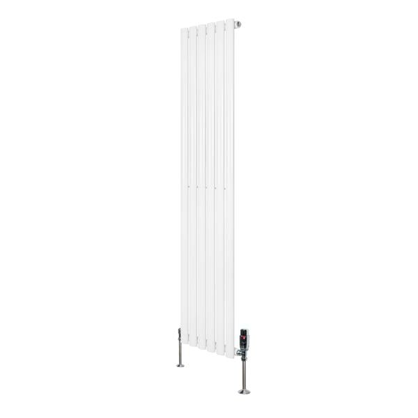 Oval single column radiator in sleek white finish, measuring 1600mm x 360mm, featuring modern design and chrome valves