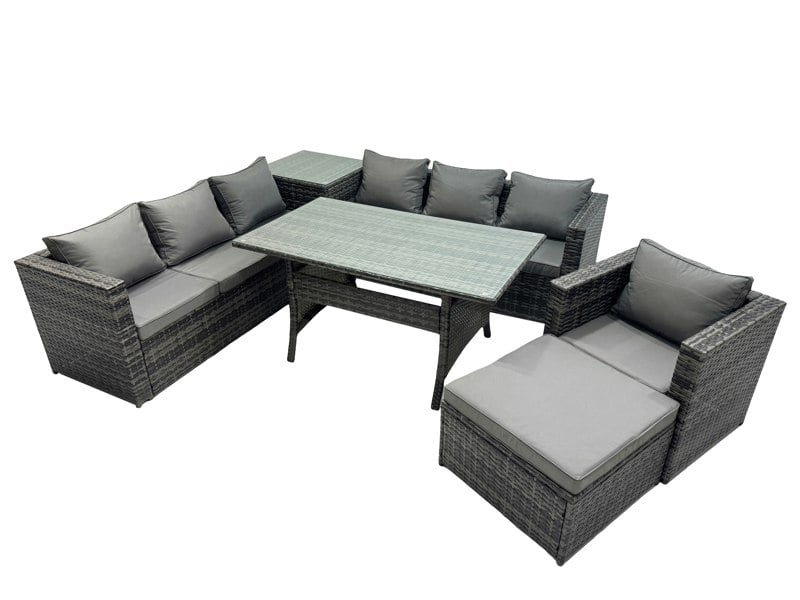 Fimous 8 Seater Outdoor Corner Sofa Chair Dining Table Set Garden Rattan Furniture Set with Side Table Big Stool Dark Grey