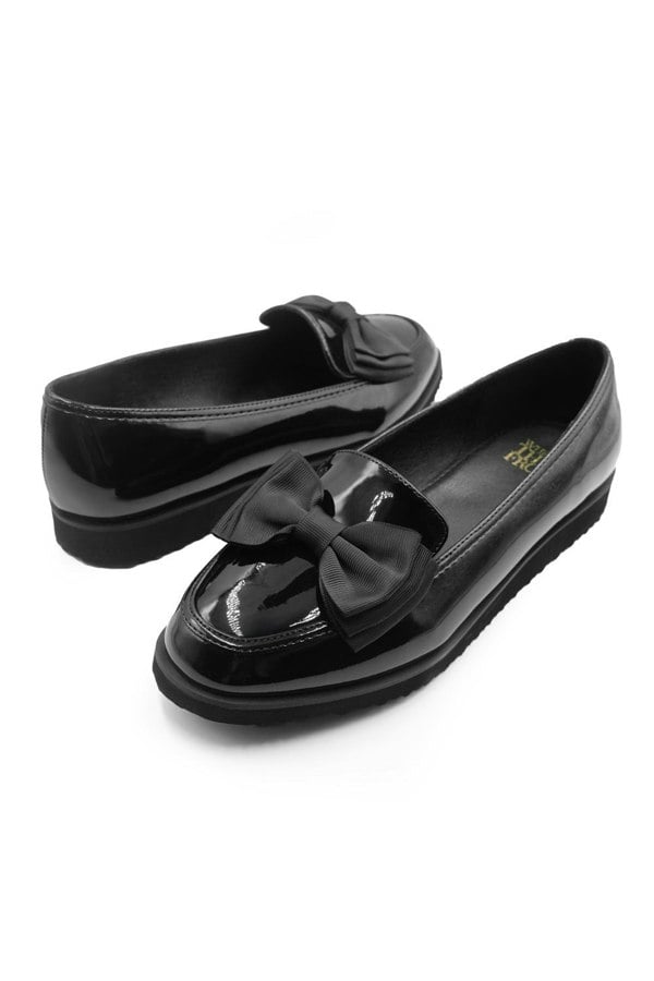 Where's That From ALPHA SLIP ON LOAFER SLIDER WITH BOW DETAIL IN BLACK PATENT FAUX LEATHER