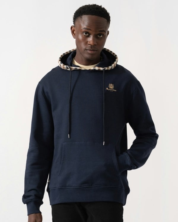 Aquascutum Mens Club Check Hoodie Fleece - Navy 11