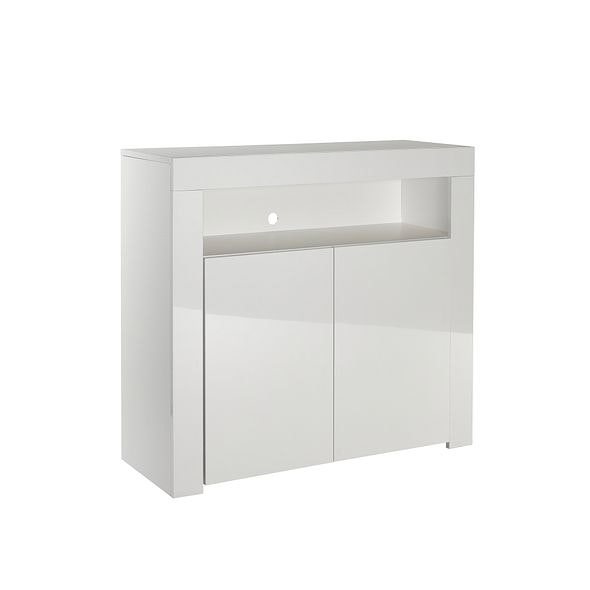 MMT Furniture Designs Modern Sideboard White Matt Gloss Buffet Plate Storage Cabinet with Blue LED Lights