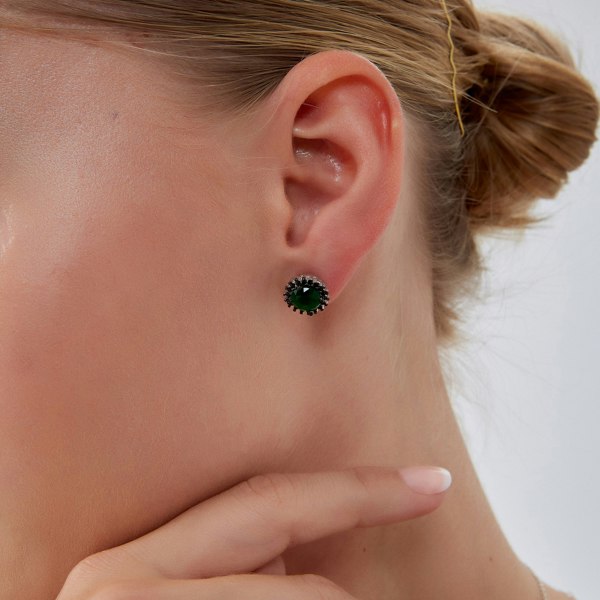 Spero London Black Emerald Color Double Halo Stud Earrings in Sterling Silver