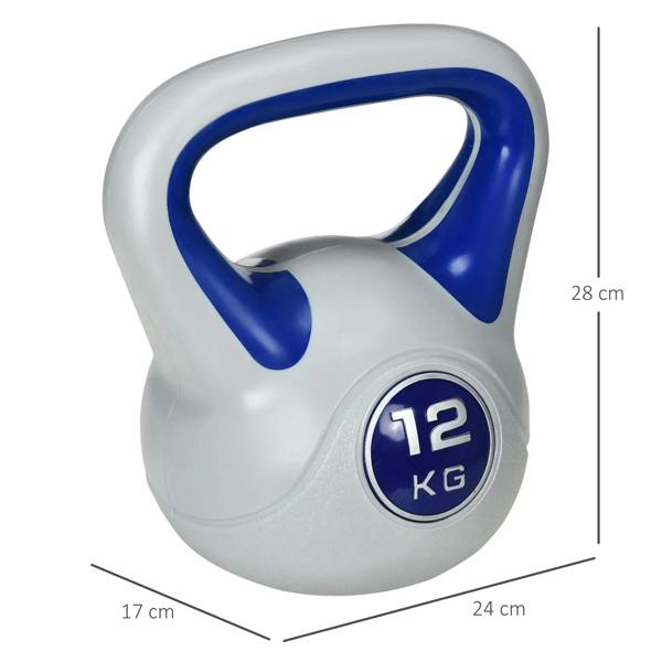 Light grey 12 kg kettlebell with blue handle, product shape with size markings