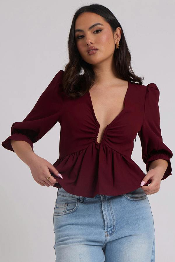 Urban Bliss Collette Burgundy U Bar Empire Peplum Top