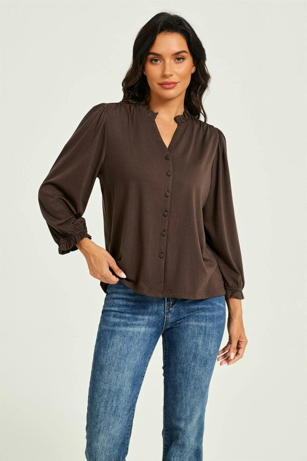 FS Collection Frill Neck Long Sleeve Jersey Blouse Brown