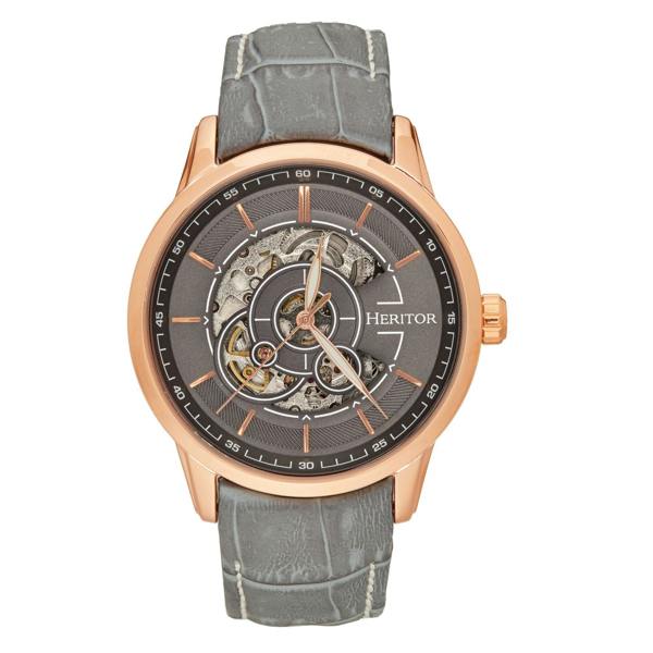 Heritor Automatic Davies Semi-Skeleton Leather-Band Watch - Rose Gold/Gray - HERHS2505