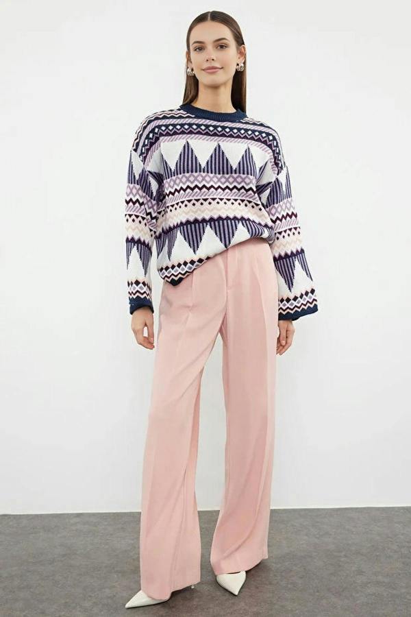 WOVCOR Ethnic Patterned Crew Neck Knit Sweater