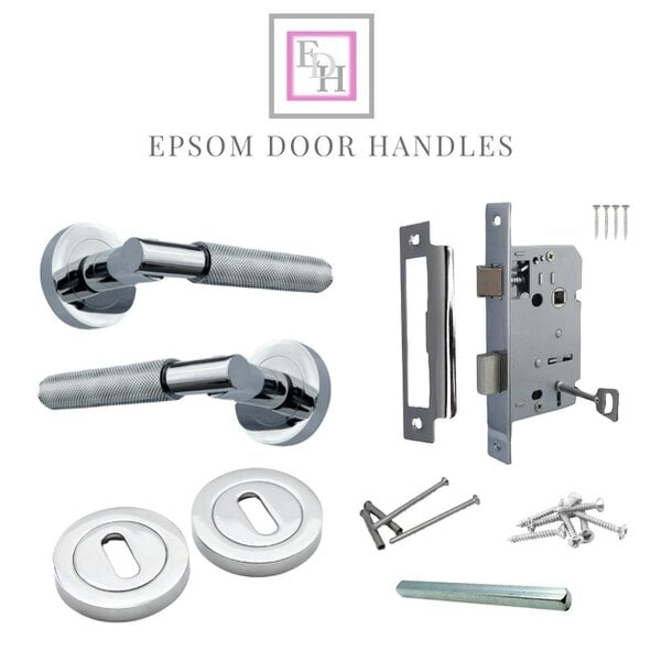 EDH Door Hardware Polished Chrome Knurled Door Handles on Round Rose – Handle Sets